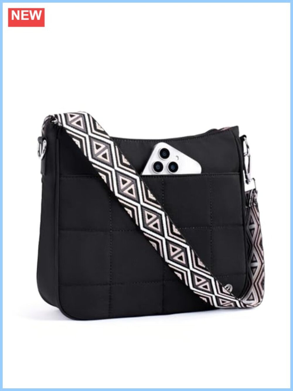 Quilted Puffer Crossbody Bag Anti Theft Nylon with Guitar Strap Women Handbag